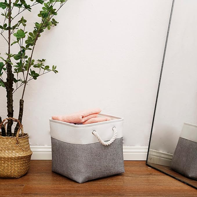 Cube Storage Bins, Collapsible Fabric Cube Storage Bin, 11 Inch Cube Storage Bins with Handles, Foldable Storage Cubes (White/Gray, 6Pack)