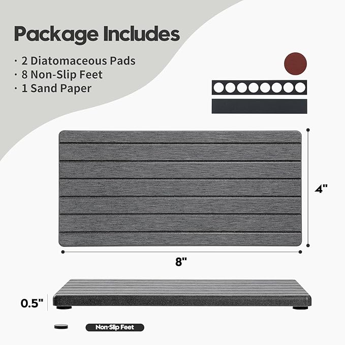 2PCS Diatomite Quick Stone Drying Tray Mat For Bathroom & Kitchen Counter, Instant Dry Water Absorbent Drink Bar Coaster,Vanity Sink Caddy Organizer,Dish Soap Sponge Holder, Dark Gray,8"x3.8"