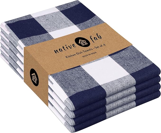 Native Fab 4-Pack Kitchen Towel with Hanging Loop 16x26 inches, Cotton Buffalo Check Kitchen Towels for Cleaning Drying, Washcloths Soft & Absorbent Cloth Rags, Bar Towel, Dish Cloth, Navy