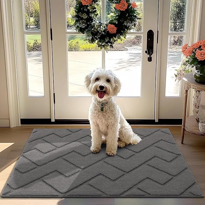 hicorfe Front Door Mat Outside Entrance,32"x40" Absorbent Muddy Dirt Resist Welcome Door Mats Outdoor Indoor,Stain and Fade Resistant,Non Slip Backing Entry Mat Doormat for Entryway(Grey)
