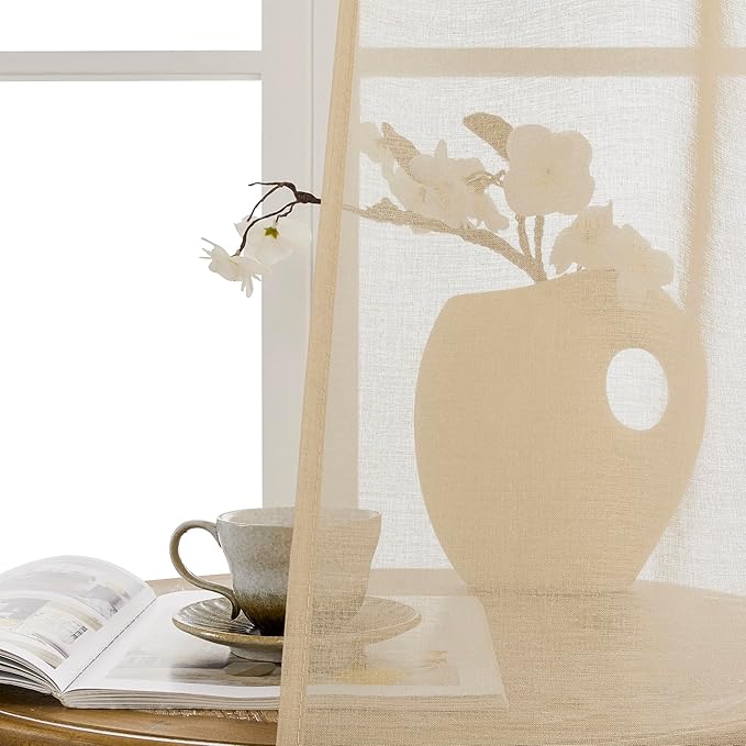Tollpiz Sheer Door Curtains Closet Linen Textured Curtains Sheer Doorway Light Filtering Voile Rod French Door Pocket Curtain Patio Glass Door, 25 x 72 inches Long, Beige, Set of 1 Panel