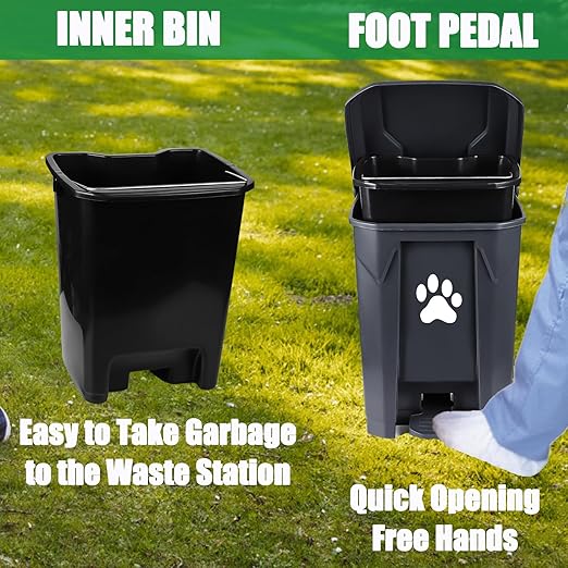Dog Poop Trash Can for Outdoors, Dog Waste Trash Can for Yard Garden Home with Lid Removable Inner Bin, 100PCS Green Waste Bag, Grey Fully Assembled