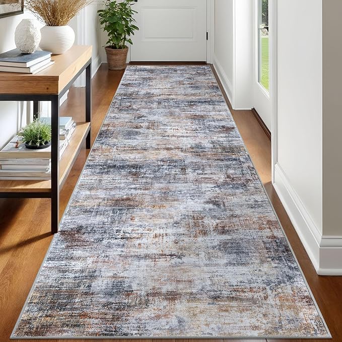 IOHOUZE Abstract Runner Rug 3x12 Ft Washable Runners for Hallways, Non Slip Kitchen Runner Printed Faux Wool Entryway Runner Indoor, Modern Abstract Floor Carpet for Hall Kitchen, Orange Grey