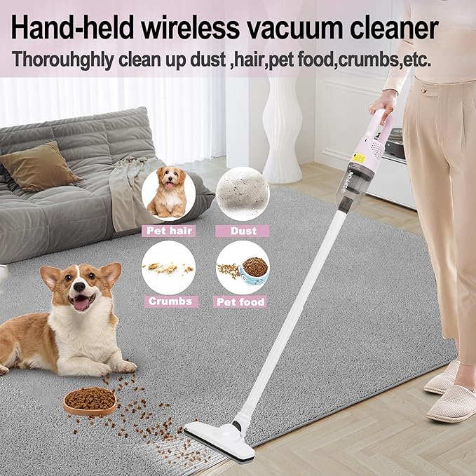6-in-1 Lightweight Stick Vacuum Cleaner with 100W Powerful Motor, Mini Portable Household Handheld Vacuum Cleaner for Domestic Hard Floors, Carpets and Pet Hair(Pink Cordless)