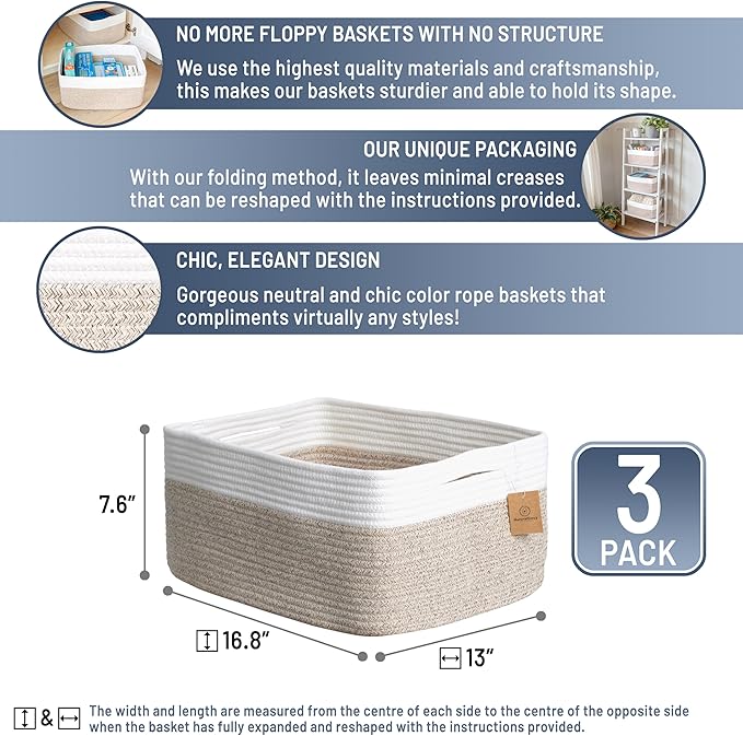 NaturalCozy Storage Baskets 16.8”x13”x7.6” Cotton Rope Woven Baskets for Organizing 3-Pack | Toy Storage Bins | Basket for Shelves, Laundry, Blanket, Clothes, Closet, Kitchen, Bathroom, Gifts