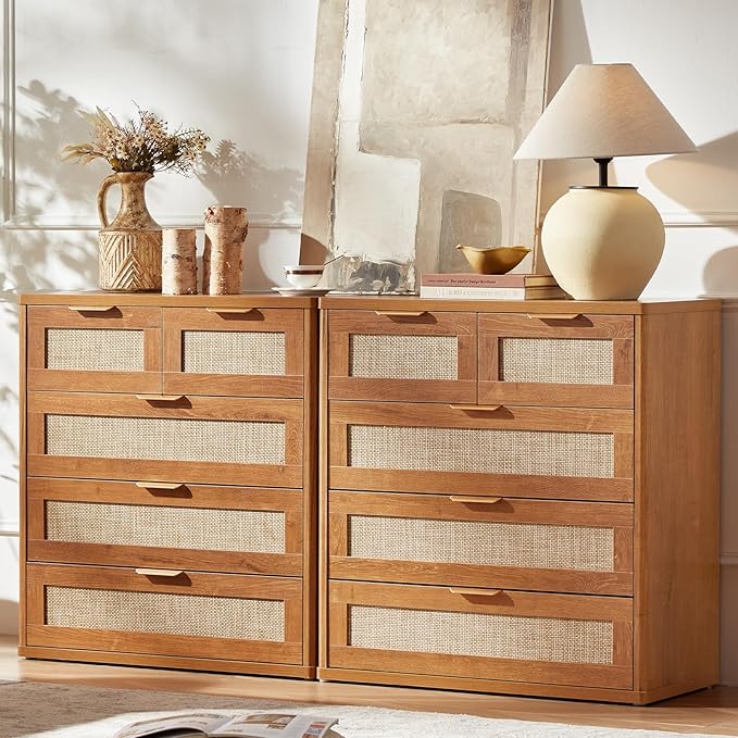 LEYAOYAO Rattan Dresser for Bedroom Set of 2, 33.5" Tall Chest of Drawers, Modern 5 Drawers Boho Dressers with Storage, Vintage Brown Dresser Wooden Closet Organizer for Living Room, Hallway