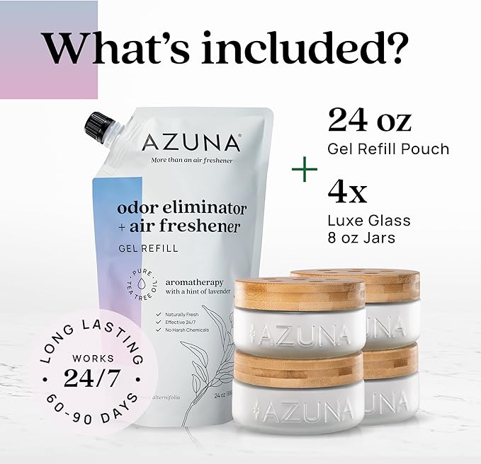 Azuna Air Freshener & Odor Eliminator for Strong Odor | 4 Room Kit Includes (4) Empty Luxe Glass Jar & 24oz Gel Refill with Tea Tree Essential Oil | Aromatherapy | Last 60-90 Days