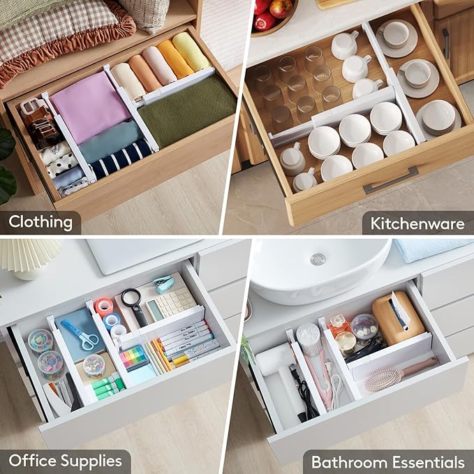 Lifewit 16 Pack Drawer Dividers 4" High, 11-17" Adjustable Drawer Organizers for Clothes, Expandable Dresser Separators in Bedroom/Bathroom/Kitchen/Fridge/Office Organization and Storage,White