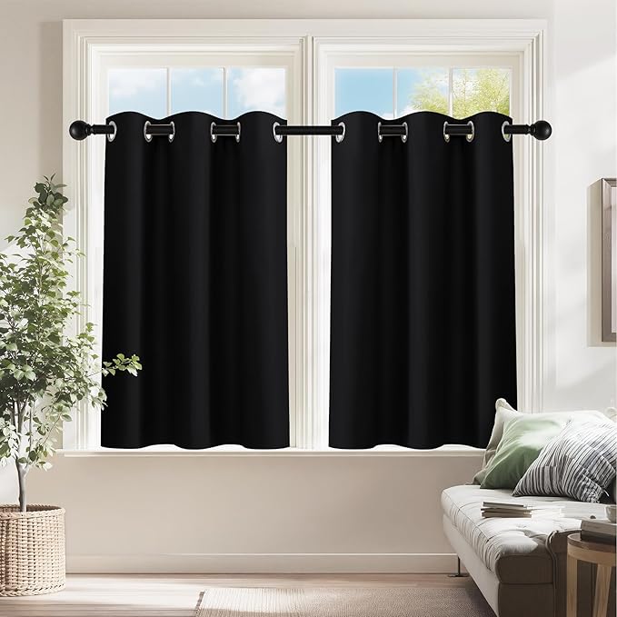 PONY DANCE Black Short Blackout Curtains for Bedroom, Small Windows Shades Thermal Insulated Privacy Drapes for Classroom Bathroom Laundry RV, Wide 42 x Long 36 inch, 2 Panels