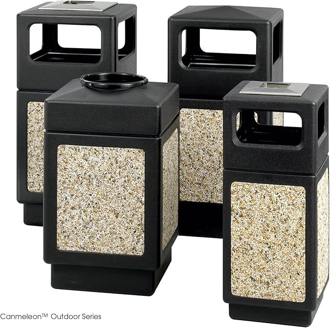 Safco Canmeleon Trash Can, 30 Gallons, Indoor and Outdoor Use, Durable & Weather-Resistant Commercial Garbage Can with Ashtray and Stone Panels, Black