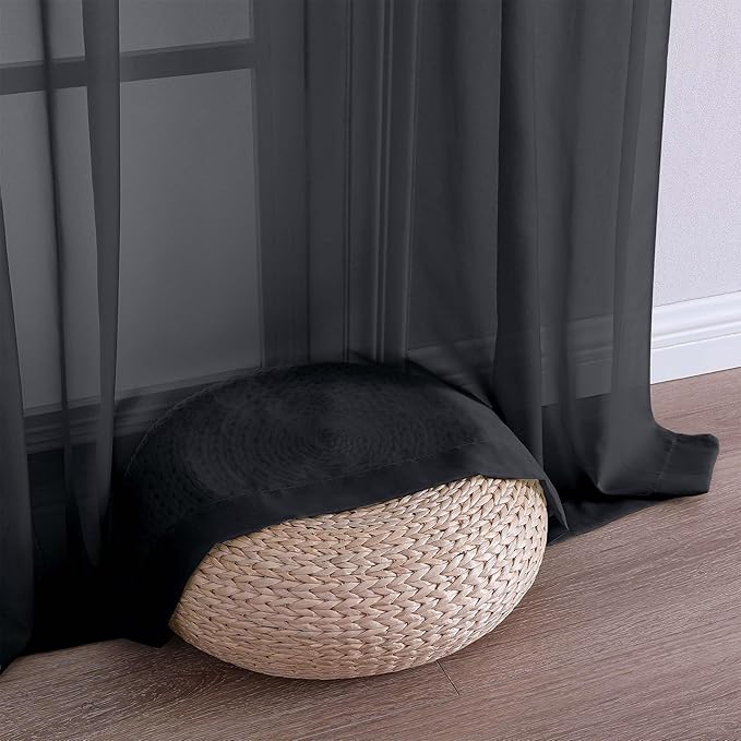 Chyhomenyc Extra Long Black Sheer Curtains 108 Inches Long 2 Panels, Light Filtering Black Curtains for Living Room, Soft Gentle Voile Rod Pocket Bedroom Window Drapes, 59Wx108L Inch, 9FT, 2PCS