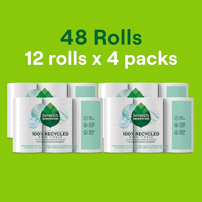 Seventh Generation Toilet Paper Recycled Bath Tissue 4-Pack 100% Recycled Paper 2-ply without Chlorine Bleach 12 Rolls