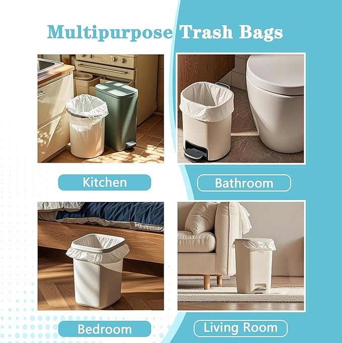 300 Count 8 Gallon Trash Bags, 13 Micron Extra Thick Medium Garbage Bags, 7-9 Gallon Unscented White Wastebasket Can Liners for Bathroom Kitchen Home Office