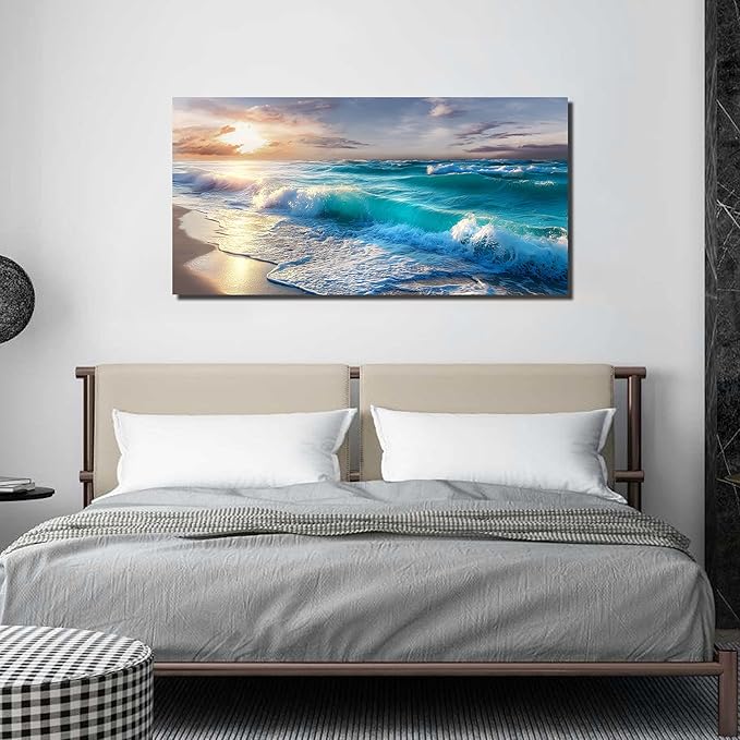 GUGIKA Ocean Wall Art for Living Room, Blue Wave and Large Coastal Beach Canvas Wall-Decor for Bedroom, Gold Sun Scenery Pictures for Hallway Office, Size 48 x 24 Inches