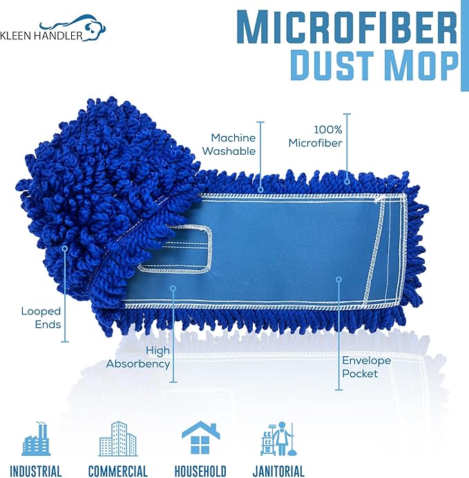 KLEEN HANDLER 6 Pack of 36 Inch Microfiber Dust Mop, Large Washable Commercial Mop Head Replacement, Sweeper, Janitorial Supplies, Blue