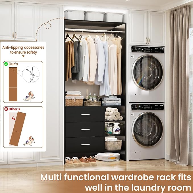 Aheaplus 2.5FT Closet System with 3 Drawers, 29.5’’ Closet Organizer, Wood Closet Organizer System, Walk-in Closet or Small Closets Wardrobe, Clothes Rack with Hanging Rods,-E6, Black