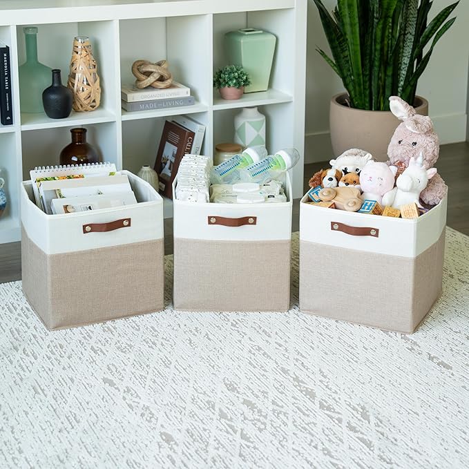 OrganiHaus 13x13 Cube Fabric Storage Bins Set of 4, Fabric Storage Cubes w/ Vegan Handles, 13 inch Collapsible Bins for Clothes & Toy Organizer, Cubbies Organizer, 13x13 Basket for Decor - Beige/White