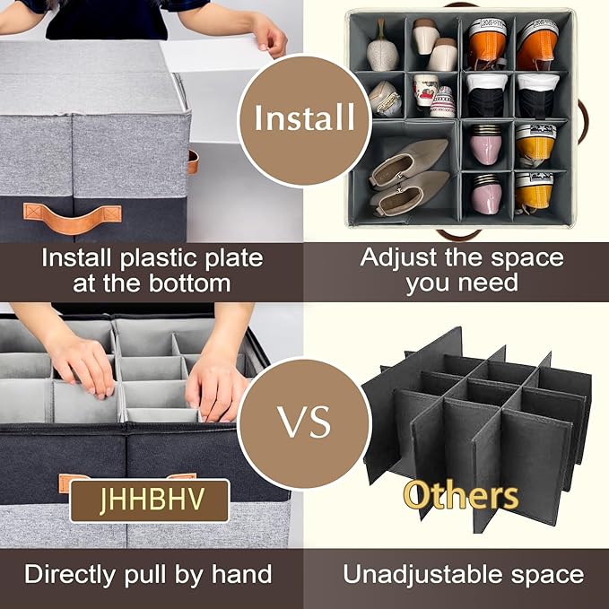 1 Pack Shoe Organizer for Closet, Adjustable Shoe Box Storage Containers, Large Foldable Shoe Bins with Clear Cover, Space Saving Shoes Holder with 4 Handles, Fits 8-16 Pairs, Black