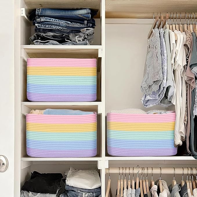 Shelf Baskets for Organizing, Woven Storage Basket for Shelves，Cotton Rope Storage Bins for Toys Books, Nursery Towel Baskets for Classroom, 14.96"X9.8"X8.85", 3-Pack Pastel Rainbow