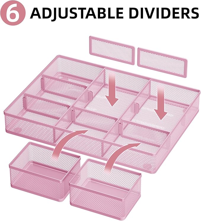 Marbrasse 3 Packs Desk Drawer Organizers, Metal Mesh Dividers with 9 Adjustable Compartments, Pen Organizer for Drawer Tray Box Accessories for Desktop,Kitchen, Makeup(Pink)