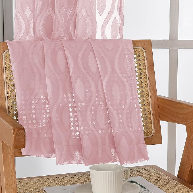 Aiyufeng Sheer Pink Curtain 45 Inch Length 2 Panels Set, Farmhouse Clip Jacquard Textured Short Window Curtains, Lightweight Chic Wavy Line See Through Curtains for Bedroom, 40" Wx45 L Inches