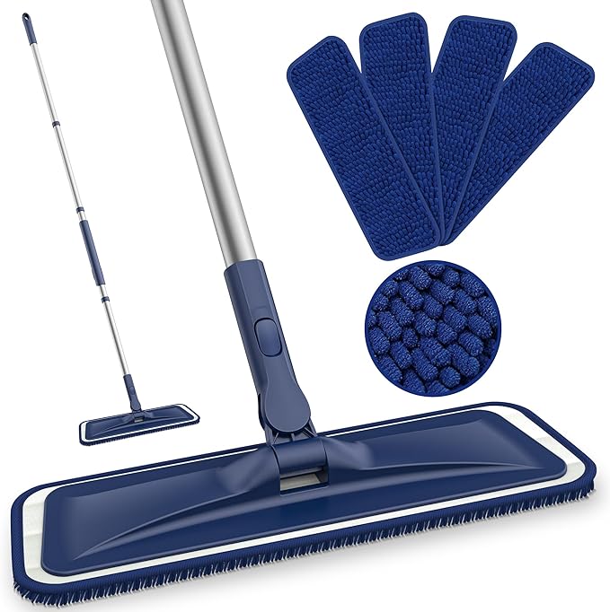 Microfiber Mops for Floor Cleaning - BPAWA Flat Floor Mop Wet Dry Use for Hardwood Floors Laminate Wood Tile Vinyl Wall Hard Surface, Bathroom Kitchen Dust Mop with 4 Reusable Washable Chenille Pads