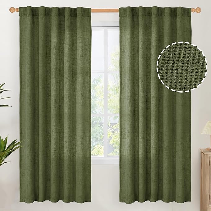 YoungsTex Olive Green Linen Curtains for Living Room 72 Inch Length, Light Filtering Rod Pocket Window Drapes Back Tab for Office Bedroom Farmhouse Lightweight, 2 Panels, 42 X 72 Inch