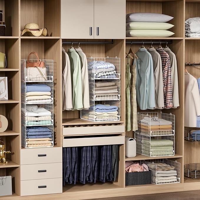 Stackable Closet Organizers and Storage - 4-Tier Stackable Storage Bins, Foldable Closet Shelf Organizer Basket, Clothes Organizers and Storage Shelves for Home Bedroom Closet Organizer System