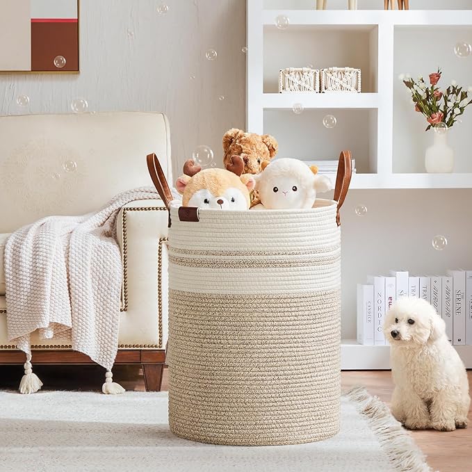 VIPOSCO Tall Laundry Basket, Large Dirty Clothes Hamper with Leather Handle, Woven Rope Storage Basket for Blanket, Toy In Living Room, Bathroom, Bedroom - 100L Brown & White