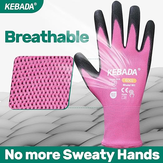 Kebada W1 Work Gloves Women, PU Coated Safety Gloves with Grip, Touchscreen, Ideal for Warehouse Package Handling, Construction, Gardening, Pink Small