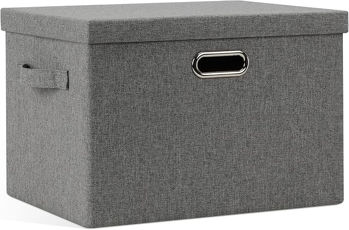 Large 17" 36 Quart Collapsible Stackable Storage Bins with Lids, 1 Pack Grey Foldable Fabric Closet Storage Boxes with Lids, 4 Handles Heavy-duty Linen Cube Baskets for Bedroom