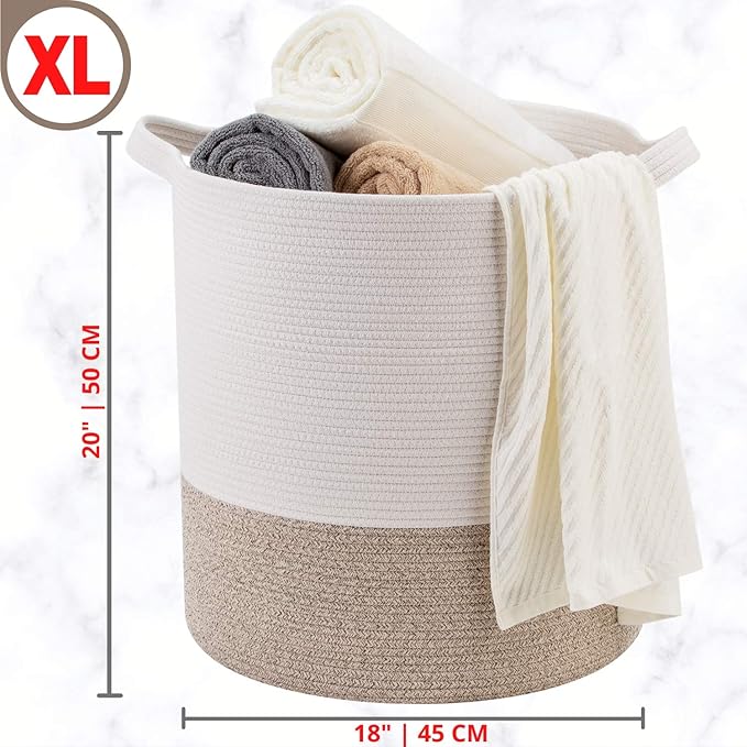 MINTWOOD Design 83L Extra Large 20x18 Inches Decorative Woven Cotton Rope Basket, Tall Laundry Basket Hamper, Blanket Basket for Living Room, Round Storage Baskets for Pillows, Towels, Light Brown
