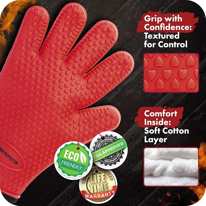 KITCHEN PERFECTION S Silicone Smoker Oven Gloves -Extreme Heat Resistant BBQ Gloves -Handle Hot Food Right on Your Grill Fryer Pit|Waterproof Oven Mitts |Superior Value Set+3 Bonuses