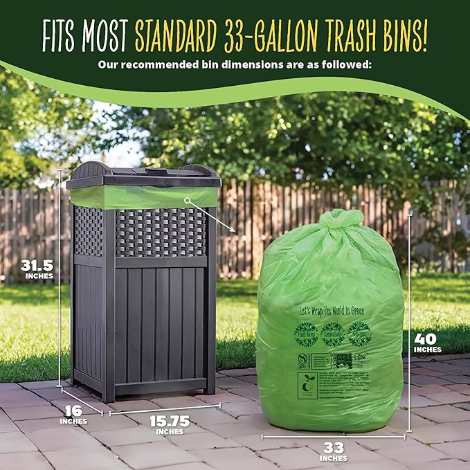 30-33 Gallon Compost Bags 30 Bags Yard Waste Bags Flat-Top Liners Compostable Trash Bags Heavy Duty Extra Thick 1.57 Mil, 124.92 Liter Lawn and Leaf Bags BPI ASTM D6400 and OK Compost Home Certified