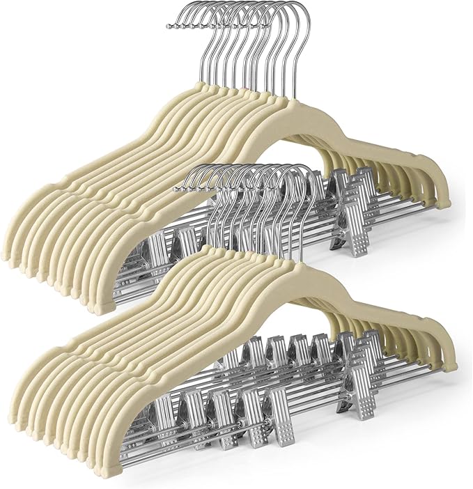 HOUSE DAY Velvet Skirt Hangers 36 Pack, Beige Velvet Pant Hangers with Adjustable Clips, Space Saving Slim Shorts Hanger, Heavy Duty Non Slip Clip Hanger for Pants, Skirts, Shorts