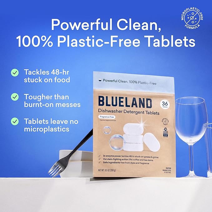 BLUELAND 100% Plastic-Free Dishwasher Detergent Tablets, Starter Set, 60 Count with tin, Free & Clear, Eco-Friendly Dishwashing Pods, Natural, USDA Certified biobased