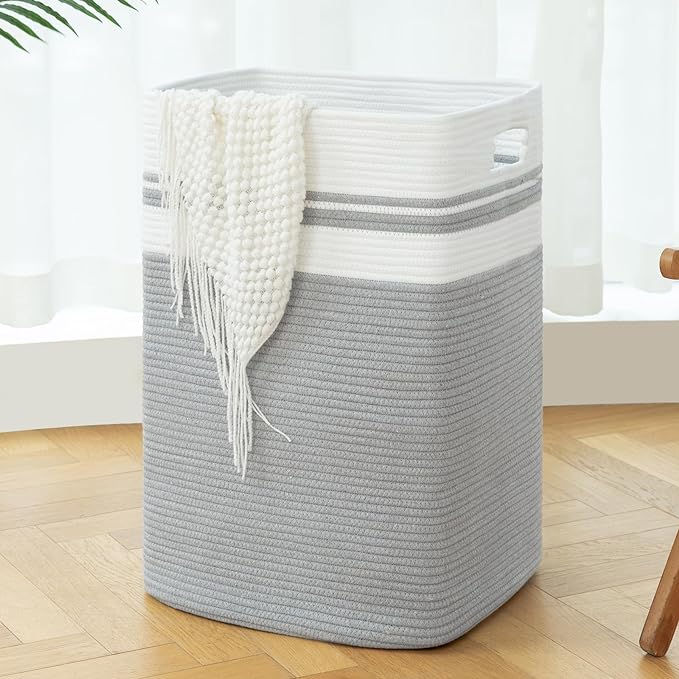 OIAHOMY 91L Laundry Hamper, XXXLarge Laundry Basket, Collapsible Cotton Rope Basket,Woven Storage Basket for Blankets,Clothes,Pillows-16x15x24-Grey