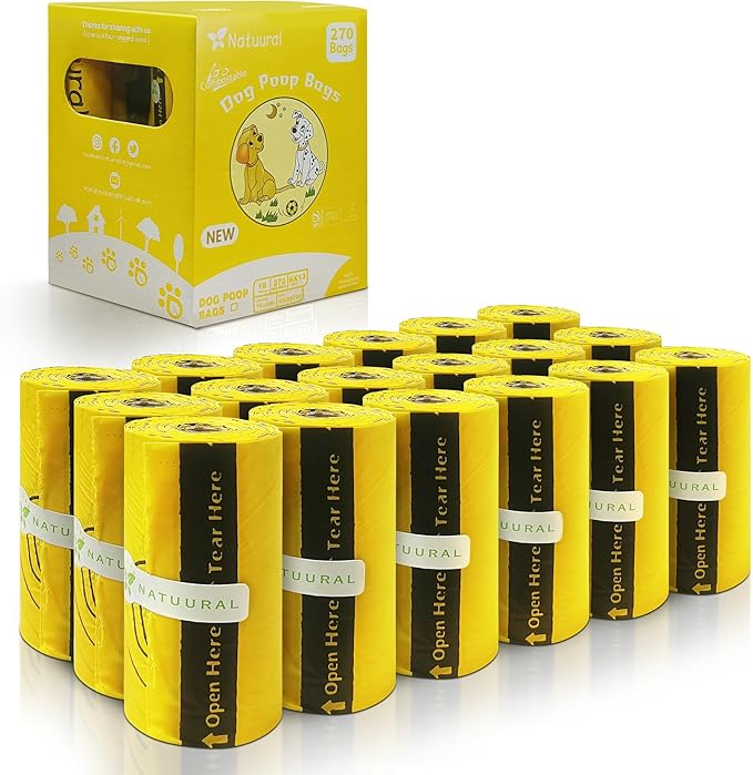 Certified Compostable Dog Poop Bags-270 Bags 18Rolls, Poop Bags for Dogs Made of Cornstarch - ASTM D6400 By USA, Leakproof Easy Open, Unscented Dog Waste Bags (Yellow)