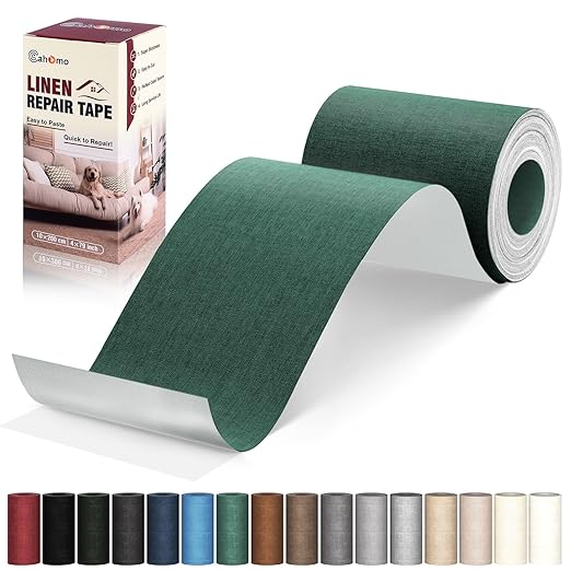 Linen Repair Tape 4x79 inch, Self Adhesive Fabric Patches, Linen Patch Tape Kit, Fabric Repair Tape for Couch Sofas, Headboards, Chairs, Pillows, Curtains, Couches - Green