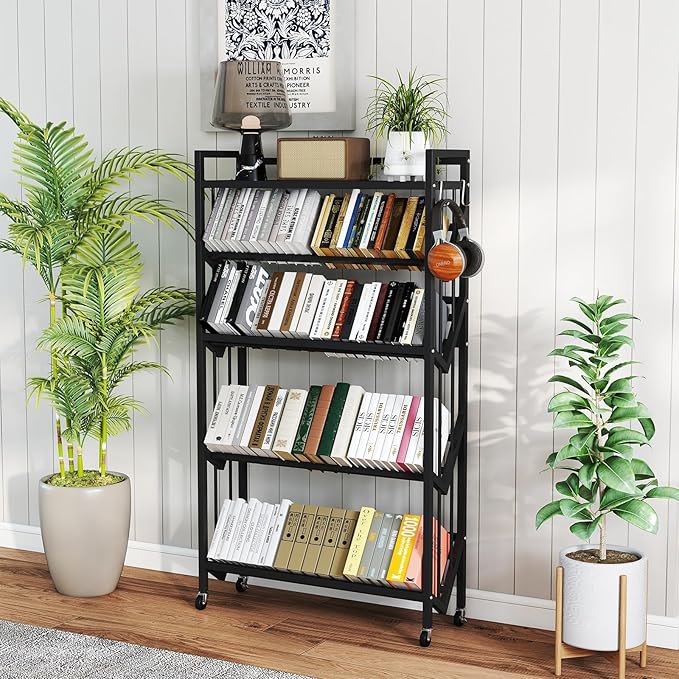 Book Carts 5 Tier 57.7x35.4x9.84 in Rolling Book Cart Large Capacity Bookshelf Storage Rack Mobile Book Storage with Wheels Cart for Home Office Living Room Classroom (5 Tier Black)