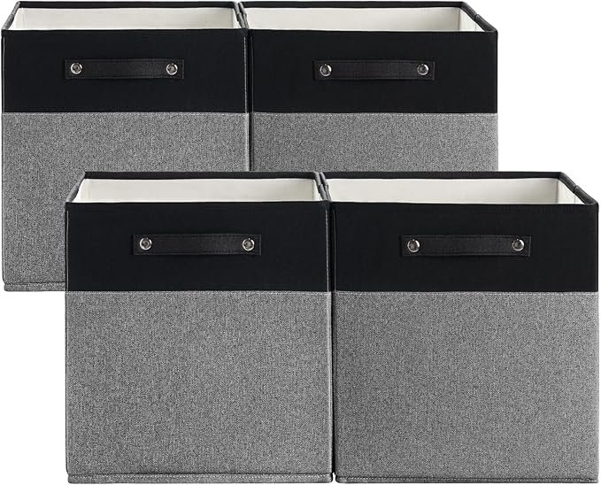13 x 13 Inch Fine Linen Storage Bins with Handles，Fabric Cube Boxs，Collapsible Basket Organizers for Shelves for Home, Closet Drawers (Black/Gray-4 Pack)