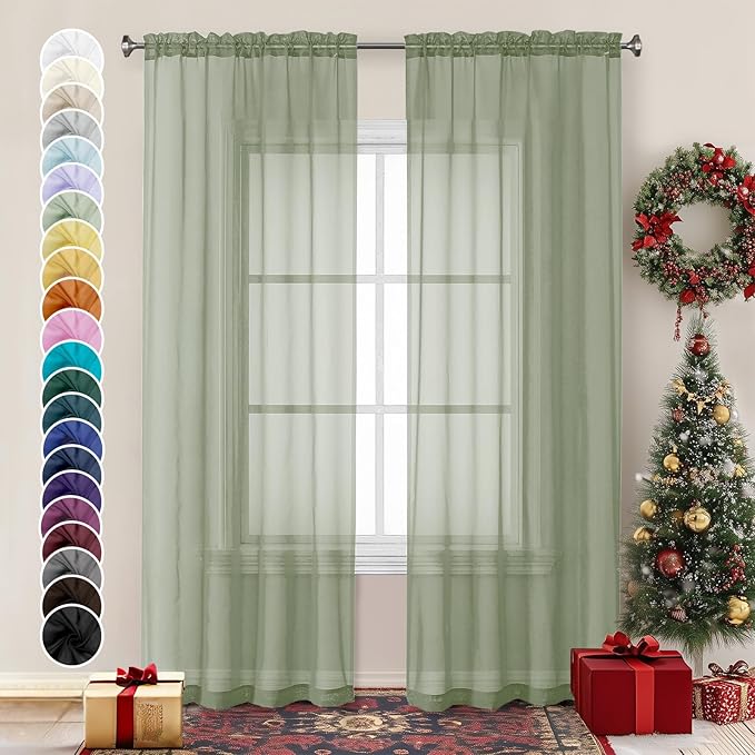 Chyhomenyc Sage Green Sheer Curtains 84 inches Long 2 Panels, Light Filtering Soft Window Treatment Voile Drapes for Living Room Bedroom, Each 42Wx84L,2 PCS