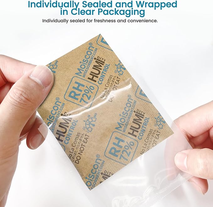 72% Two-Way Humidity Control Packs- 8 Gram Moisture Absorbers for Herbs, Wood Humidifier Boxes - Natural Craft Paper Design, Individually Sealed Packets, Prevents Leaks [60 Pack]