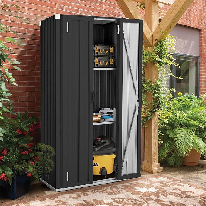 AECOJOY Outdoor Storage Cabinet, Outdoor Cabinets Waterproof with Shelves, Vertical Tall Garden Outdoor Cabinet, Sheds & Outdoor Storage Clearance Cabinet Weatherproof for Outside in Dark Grey