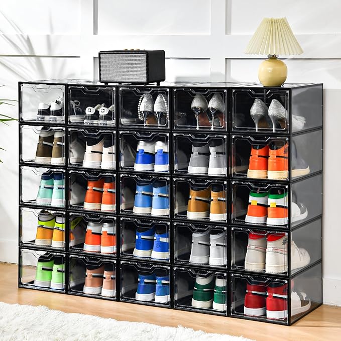 12 Pack Stackable Shoe Storage Organizer with Magnetic Door, Shoe Boxes Clear Black Plastic for Closet, Shoe Rack for Sneaker Boot Container, Shoe Cabinet Fit up to US Size 12