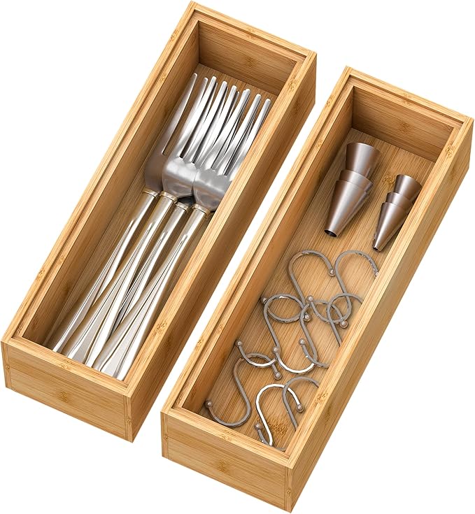 Bamboo Kitchen Drawer Organizer,Stackable Silverware Tray Utensil Organizer Cutlery Holder for Kitchen,Wooden Storage Box for Bathroom, Multi-Use Storage Bins Dividers for Office(9x3x2.5 inch)