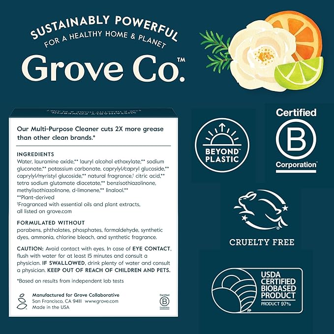 Grove Co. Multi-Purpose Cleaner, Refill Concentrate (6 x 1 Fl Oz) Plant-based Household Cleaning Supplies, Ammonia & Chlorine Free, No Plastic Waste, Lavender Blossom & Thyme, Total 3 x 2 Pack Refills