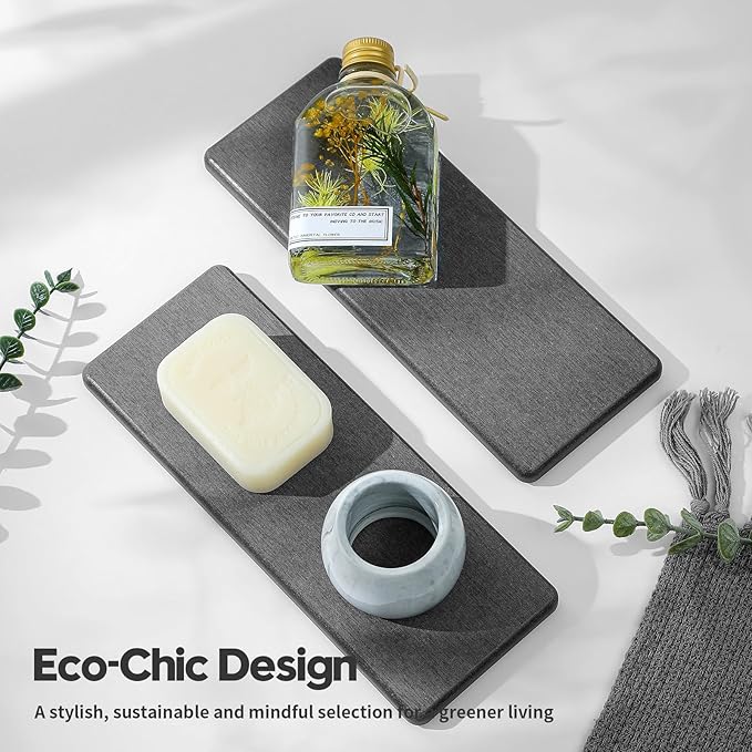 2PCS Bathroom Trays, Water Absorbing Diatomite Stone Quick Drying Mat for Kitchen Counter, Dish Rack Soap Dispenser Sponge Holder Caddy Sink Vanity Organizer, Dark Gray Slate,9"x3.5"