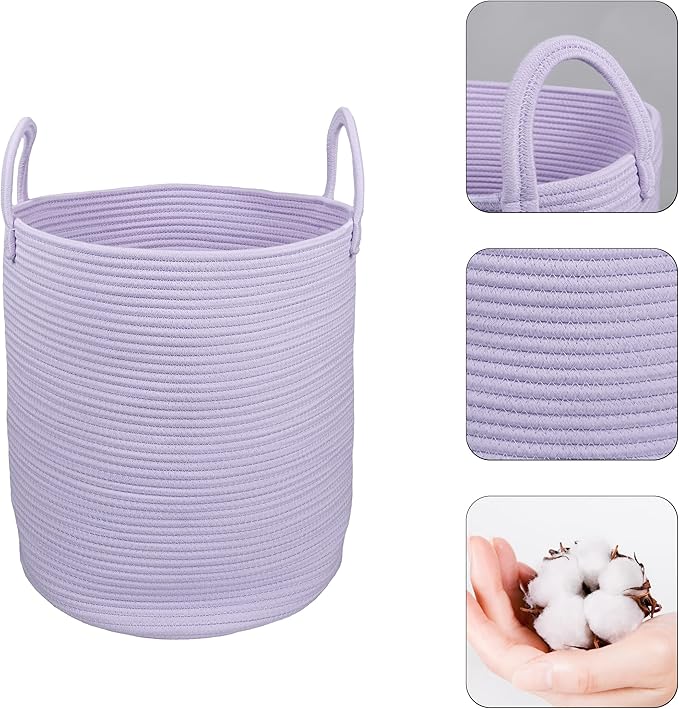 Rope Laundry Basket Hamper for Clothes Woven Storage Basket for Living Room Bedroom Boho Tall Rope Baskets for Blanket Toys Pillow Towels Baby Nursery Hamper Bin Large purple or lavender