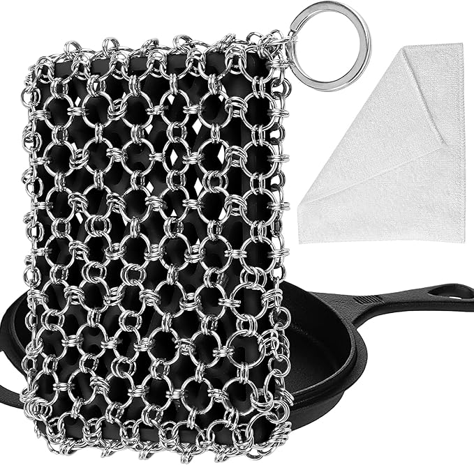 Herda 316L Cast Iron Scrubber Cleaner, Large Chainmail Scrubber for Cast Iron Pan - Chain Mail Scrubber Cast Iron Sponge - Metal Cast Iron Skillet Scrubber, Wok, Dutch Oven Cast Iron Cleaning Kit